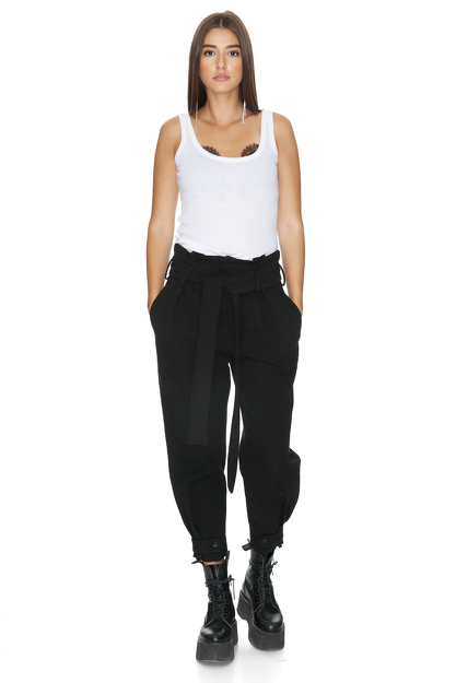 Belted Black Cotton Pants - PNK Casual